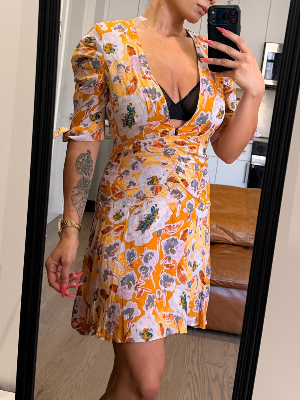 Free People Glow Up Mini Dress Floral Mustard and Lilac